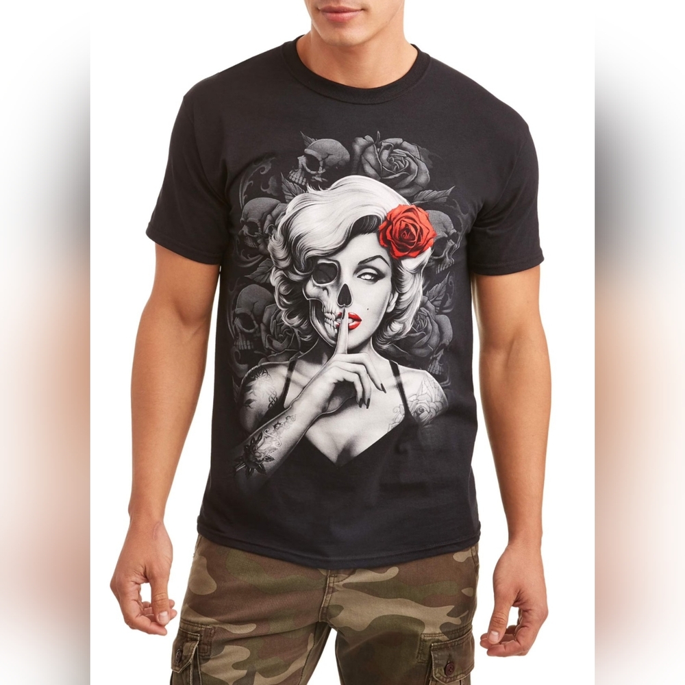 Men's Marilyn Monroe Ghoul Skull Rose Black T-shirt Size XL